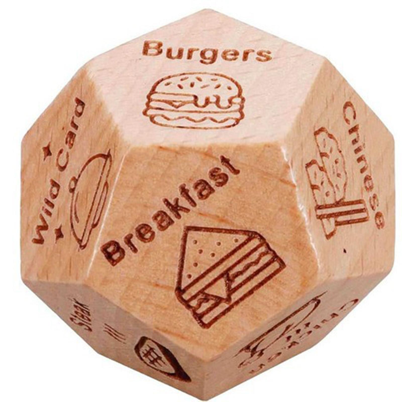 

Wooden Polyhedral Food Choice Dice for Board Games Multi-Sided D20 Shape with Engraved Food Icons and Text for Meal Decision Making