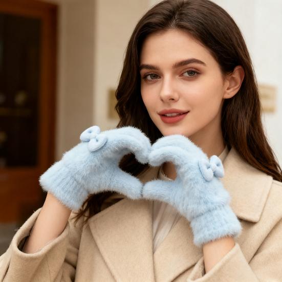 Dámské chlupaté termální rukavice Nadýchané silné rukavice s plnými prsty s mašličkami Zimní plyšové rukavice do chladného počasí na sport, řízení, vánoční dárky