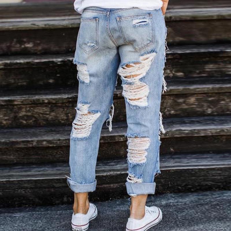 European-American Style Women's Cut-Out Ripped Jeans, Light Blue, Slim-Fit Casual Hot Pants