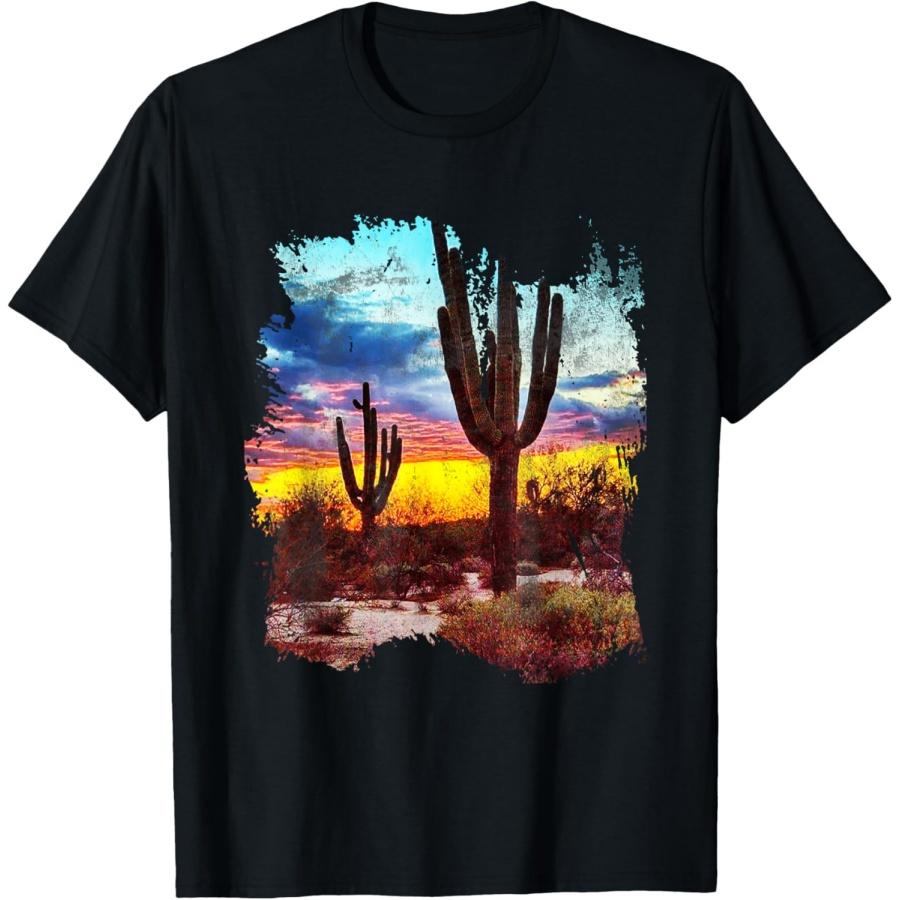 Кактус в пустыне на юго-западе Винтажная закатная сцена Вестерн футболка 80-х S