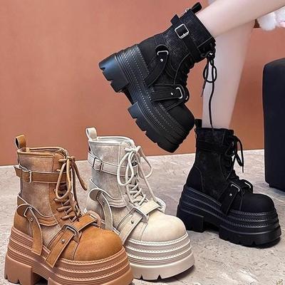 Women's 2025 Autumn Thick-Soled 10cm Height-Increasing Lace-Up Martin Boots - Retro Workwear Style