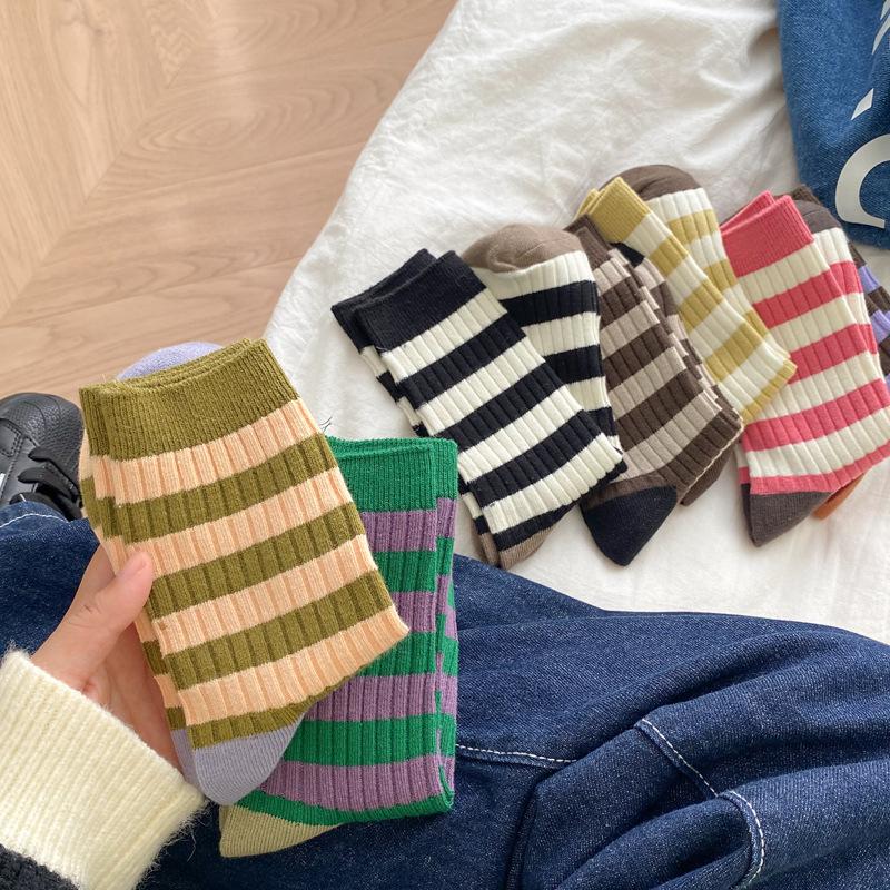 Socks Women Autumn Spring Korea Style Harajuku Street Sport Cotton Stripes Casual Skateboard Mid-tube Sock