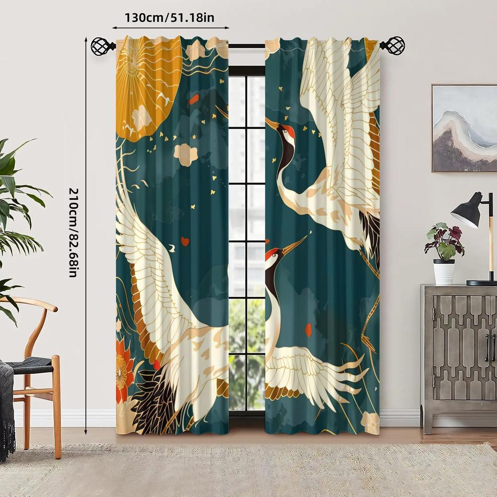Light Blocking Chinese Art Xianhe Lianhua Curtains Matte Polyester Drapes Cranes Floral Design Curtain Set Of 2 Vintage Made With Rod Pocket Washable