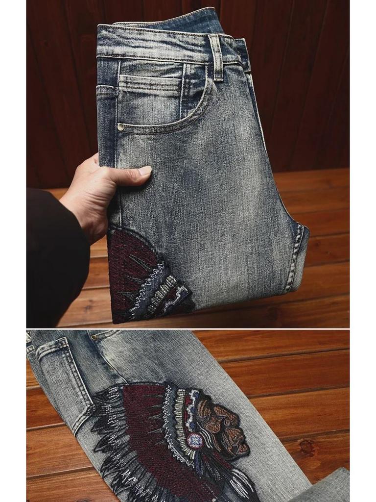 Men's Trendy Elastic Slim Fit Ripped Embroidered Jeans for Spring and Autumn High-Street Style