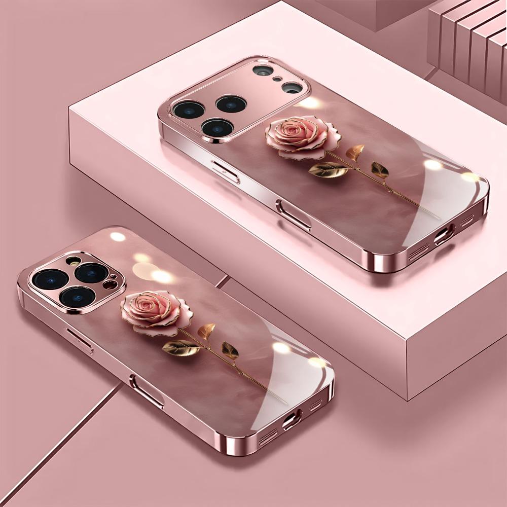 Rose Pattern Metallic Paint Glass Phone Case Suitable for iPhone17 16 15 14 13 12 11Pro/Max/Plus Anti Fingerprint and Shockproof