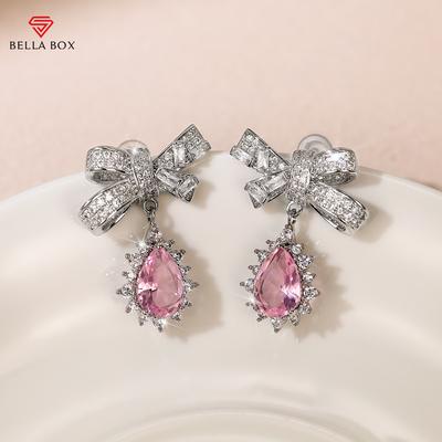 Ausgefallene rosa Schleife baumelnde Ohrringe für Frauen Luxus gepflasterte Zirkonia Braut Verlobung Hochzeit Party Mode-Accessoires