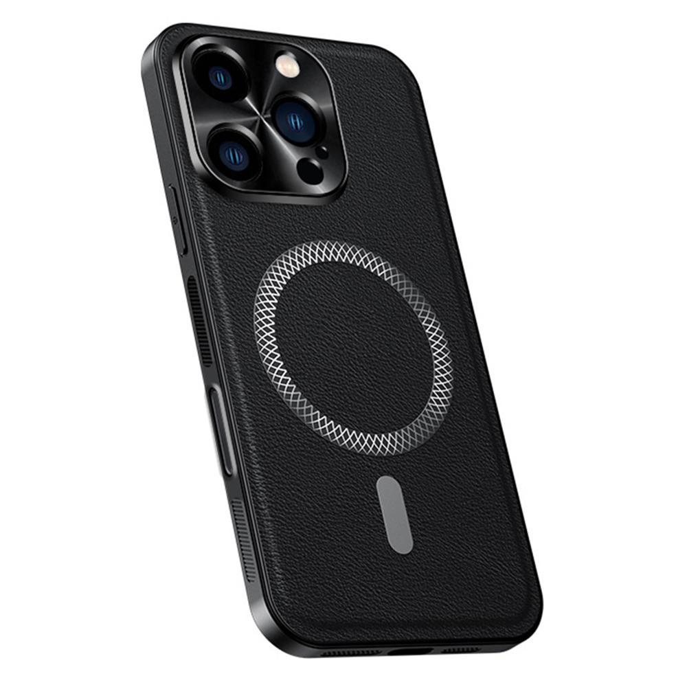 For iPhone 16 Pro Max Case Compatible with MagSafe PU TPU PC Phone Back Cover with Metal Lens Frame