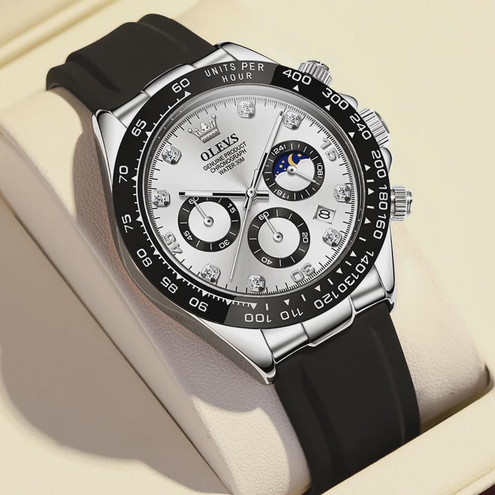 OLEVS Originale Uhr für Herren, Mondphase, Chronograph, Kalender, analoges Silikonarmband, Armbanduhr, Business-Quarzuhren