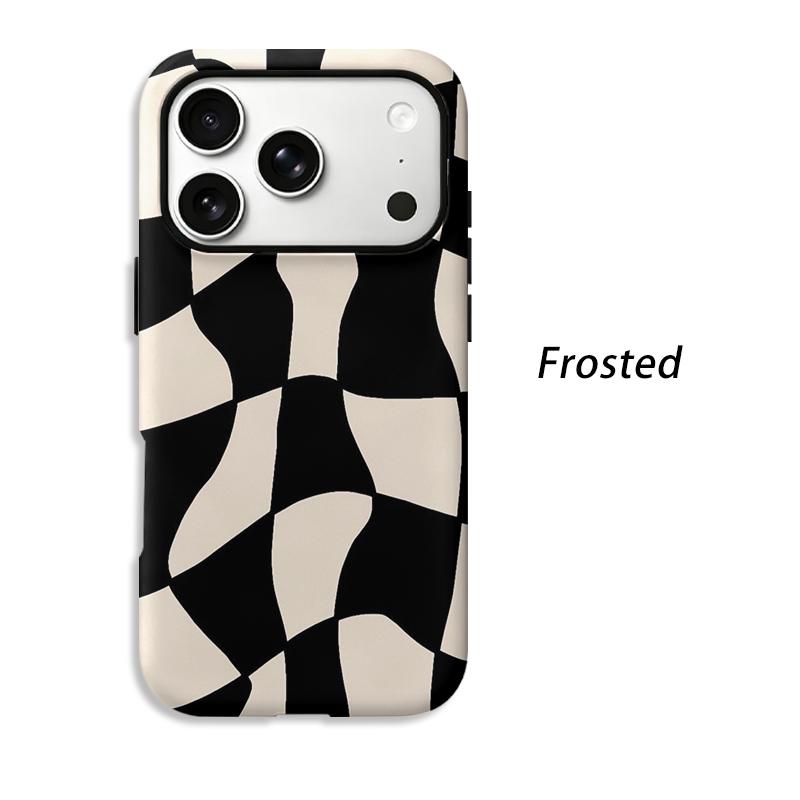 Warped Distorted Checkered Grid Black Cream Abstract Art Film Aesthetic Protective Shockproof Bumper Phone Case Cover For iPhone 14 15 16 Pro Max Plus
