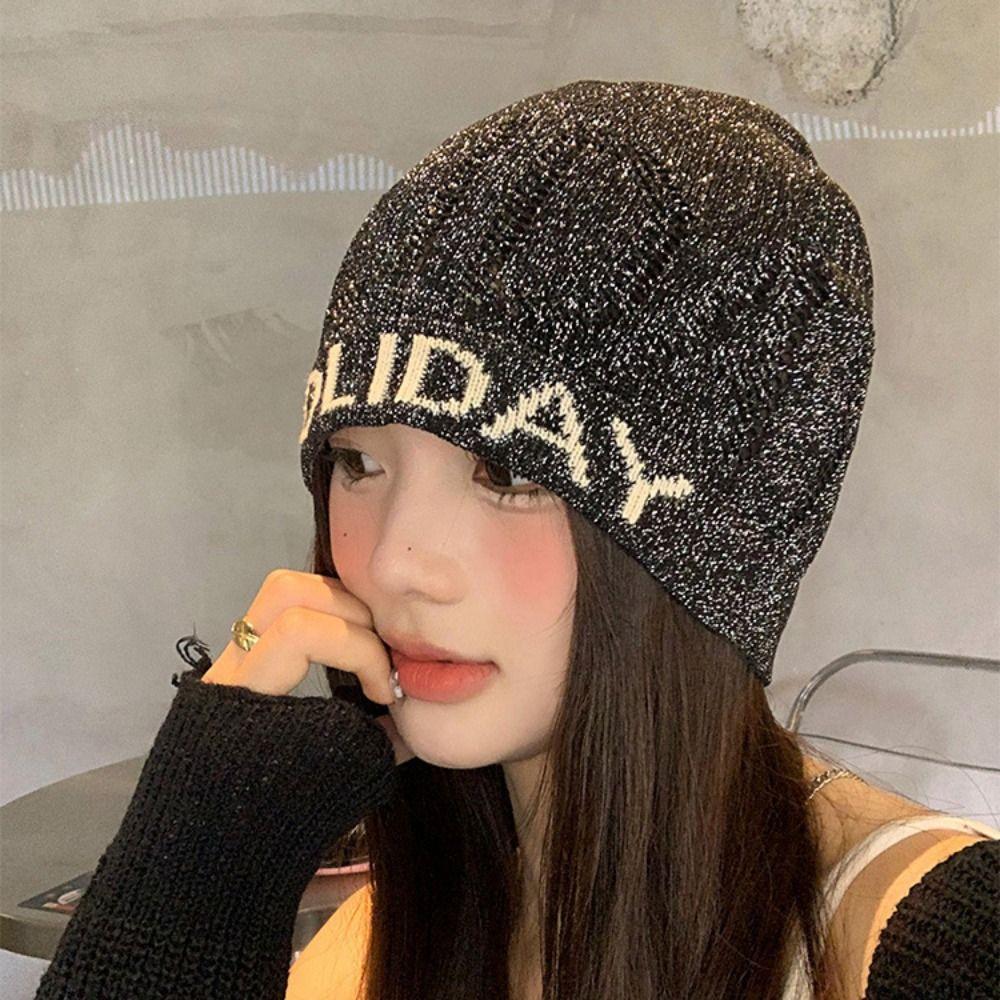 Hollow Sequin Knitted Hat Cool Knitted Pullover Hat Punk Letter Beanie Hat  Autumn