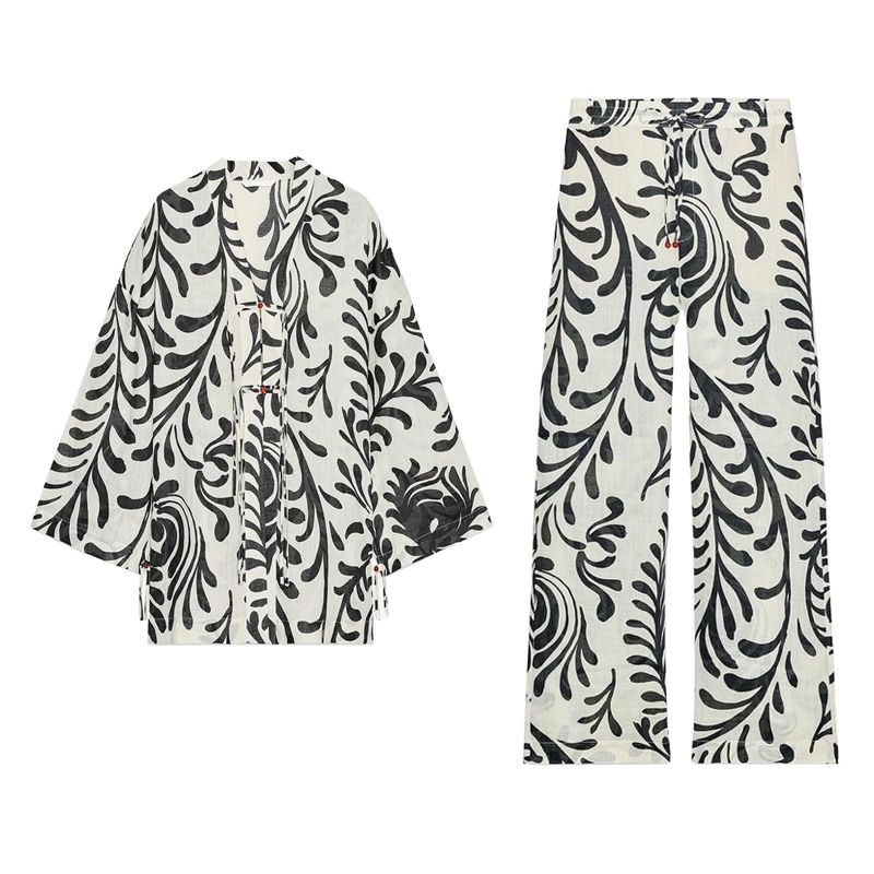 Summer New Arrival Print Long Sleeves Lapel Coat 2731084 Mid-Waist Straight Casual Pants 2731089