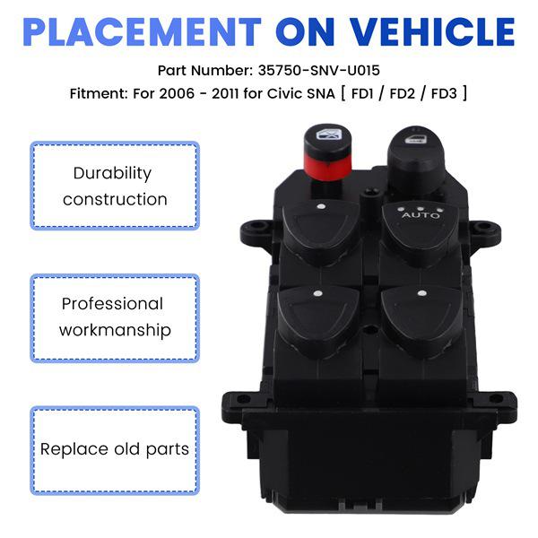 Black ABS Electric Window Switch 35750-SNV-U015, 1 pc: Fits