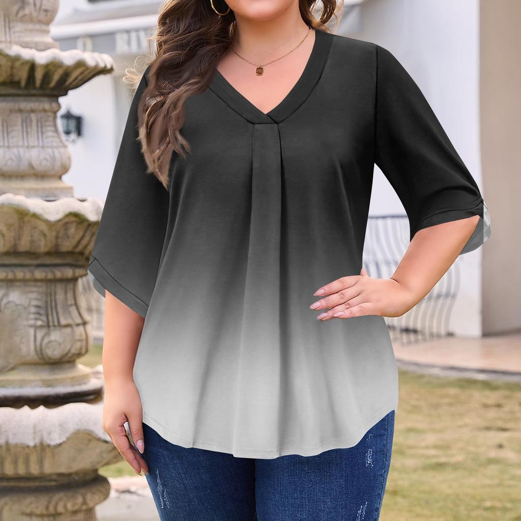 Women's Fashion Large Size Print V-Neck Three-quarter Sleeve Top