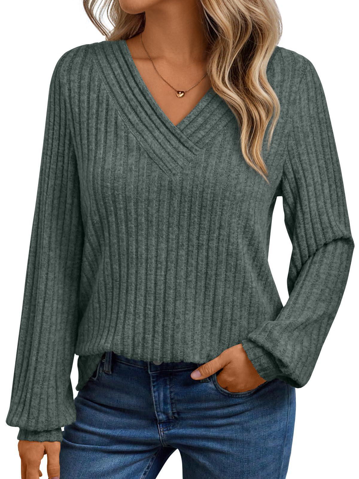 European Autumn V-Neck Ribbed Casual Pullover T-shirt Large