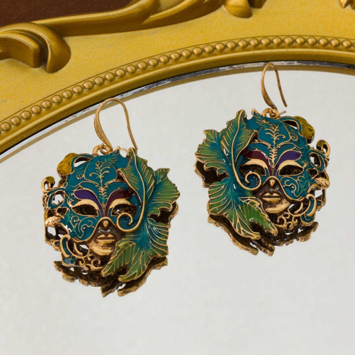 Vintage New Chinese Three-dimensional Relief Enamel Mask Brooch Earrings Retro Palace Style
