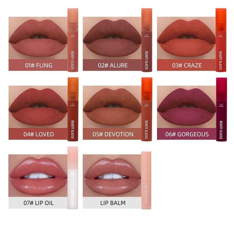 BEAUTY GLAZED - Set mit 8: Matte flüssige Lippenstift + Lippenöl + Lippenbalsam