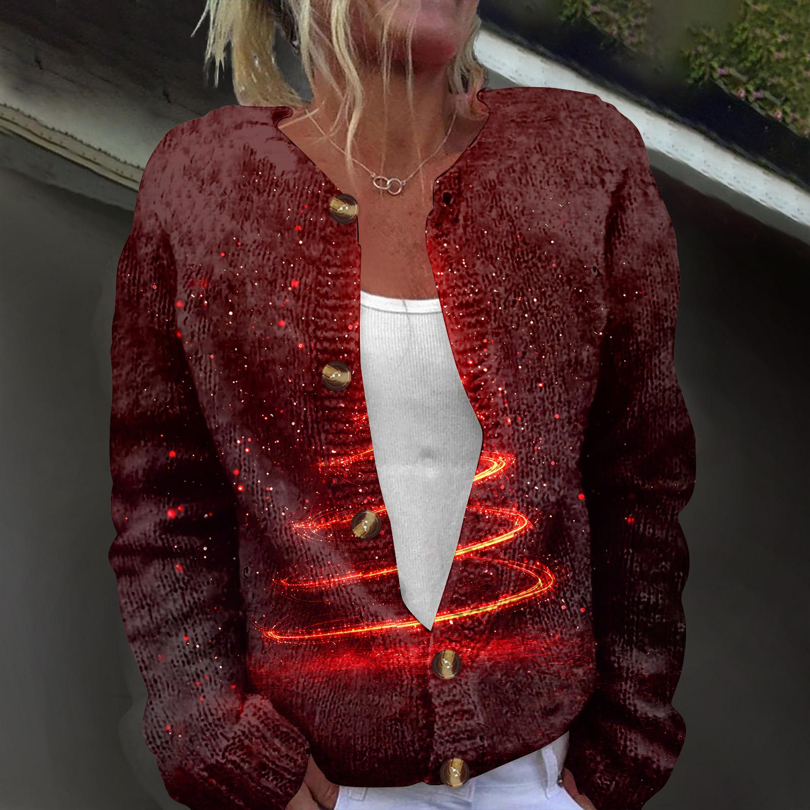 

Женская мода рождественский принт длинный рукав вязаный кардиган пуховик S винный