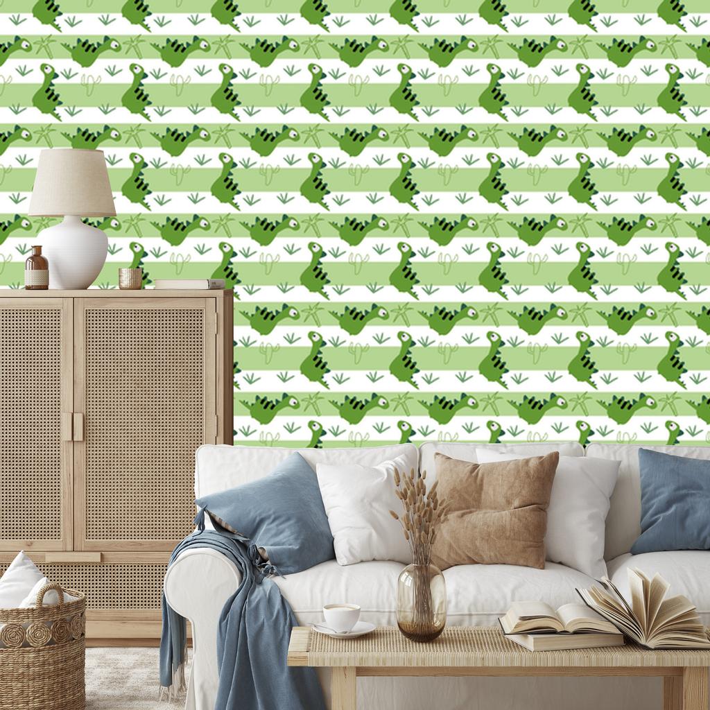 Dinosaurs Wallpaper In Green and Stripes for Living Room and Bedroom 50x1000