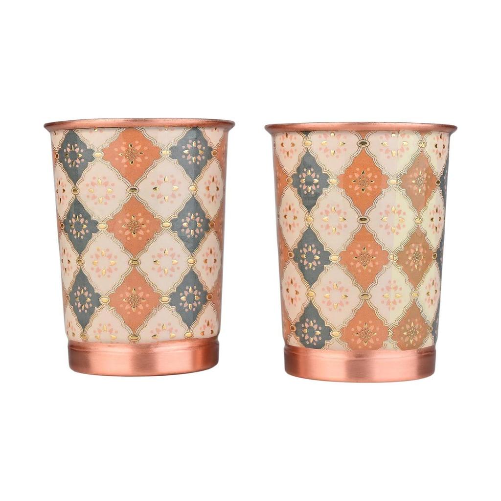Kupferbedrucktes Design 250ML Wasserglas mit Rostschutz für Heim- und Bürogebrauch Ayurveda- und Yoga-Gesundheitsvorteile Glas Set mit 6