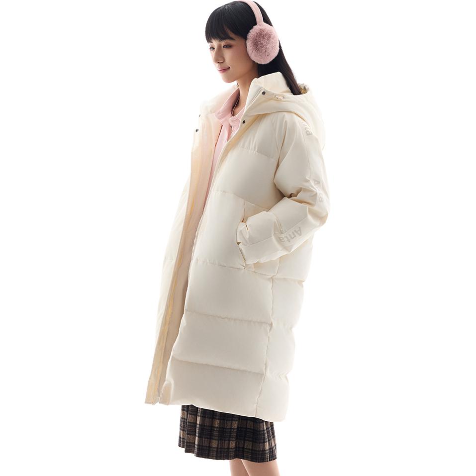 Anta Letter Zipper Hooded Comfortable Breathable Versatile Casual Long Down Jacket Women outerwear Vanilla Cream 962448902-1