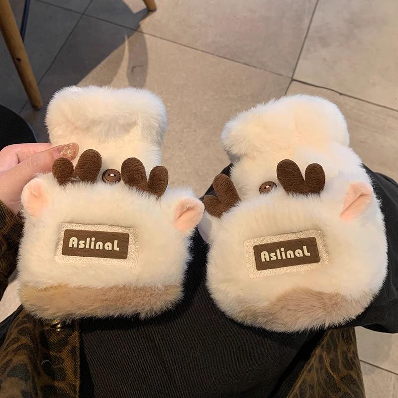 New Christmas antlers plush gloves women's thickened warm cute student cycling cold-proof half-finger gloves
