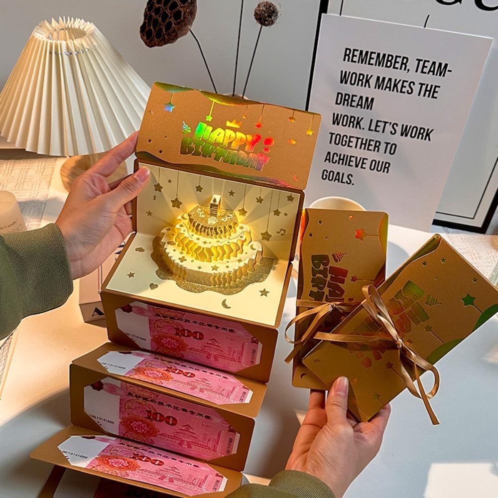 

3D Pop-Up Birthday Red Envelope Greeting Card New Year s Money Red Envelope Surprise Gift without Music Light золотий