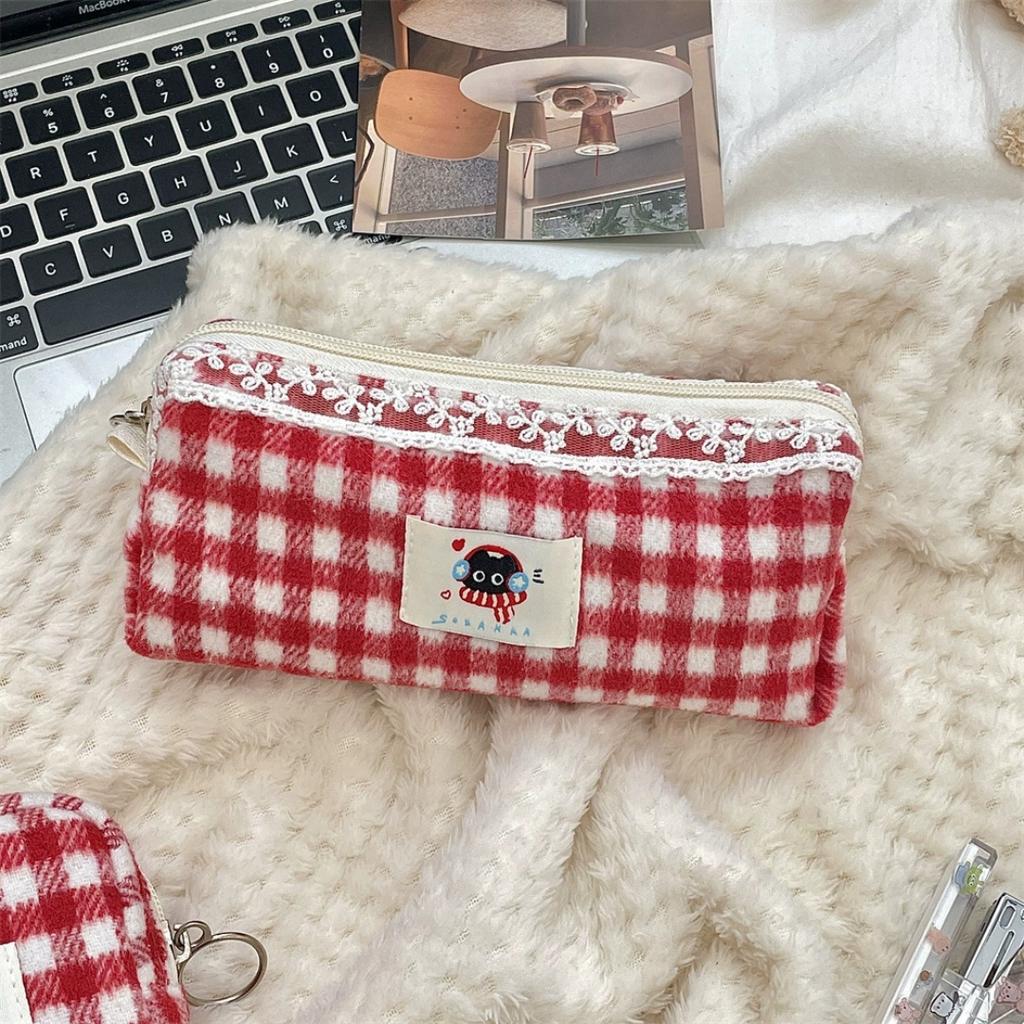Knitted Plaid Student Stationery Pencil Case Multifunctional Storage Cosmetic Bag Portable Stationery Box