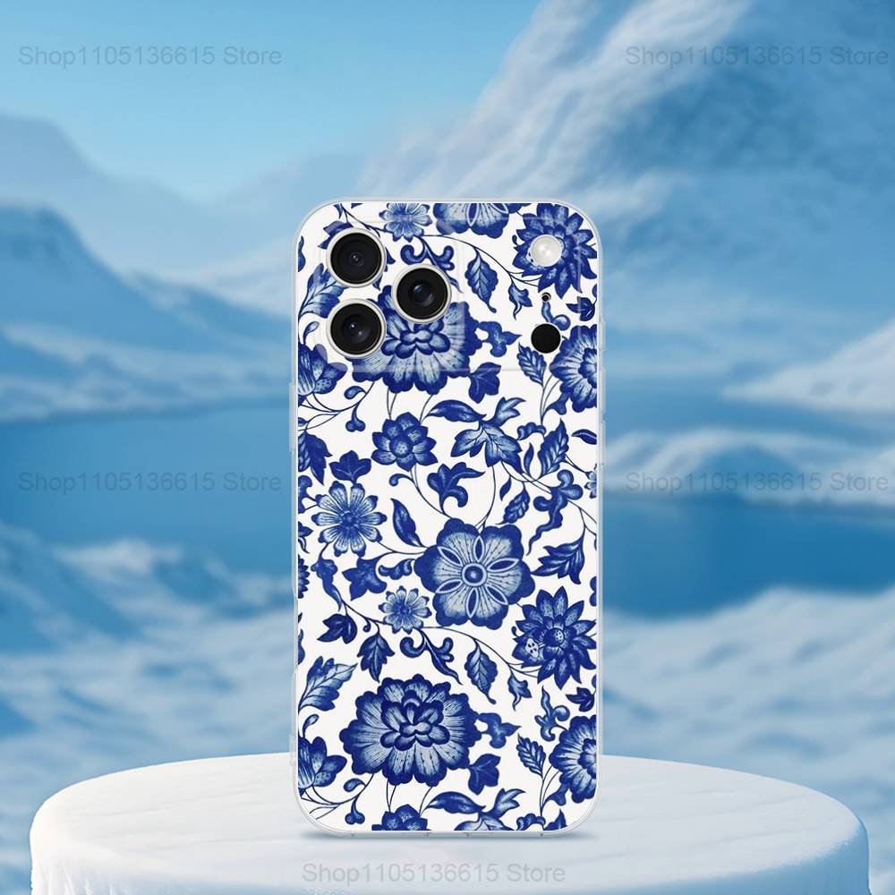 Blue White Porcelain Pattern Phone Case For iPhone 16,15,14,13,12,11,17 Pro,Max,Plus,X,XS,XR,SE,Mini Transparent Soft Cover
