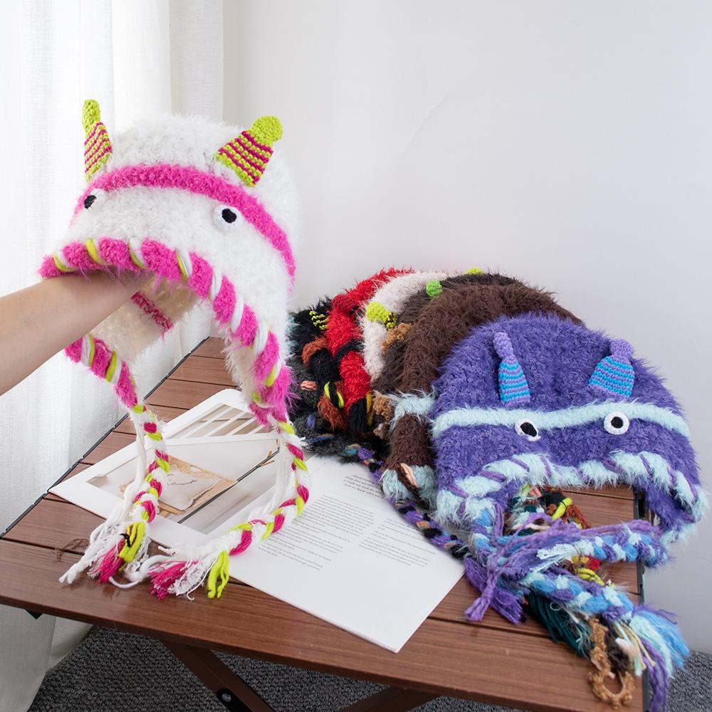 Cartoon Little Monster Woolen Hat Female Autumn and Winter Fringed Braid Headgear Warm Ear Protection Lei Feng Hat