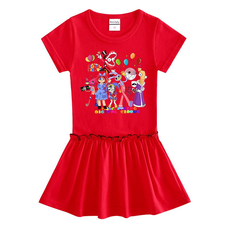 2026 Korean Style Kids' Cartoon Dress: Color Block Pleated Skirt with Short Sleeves for Girls