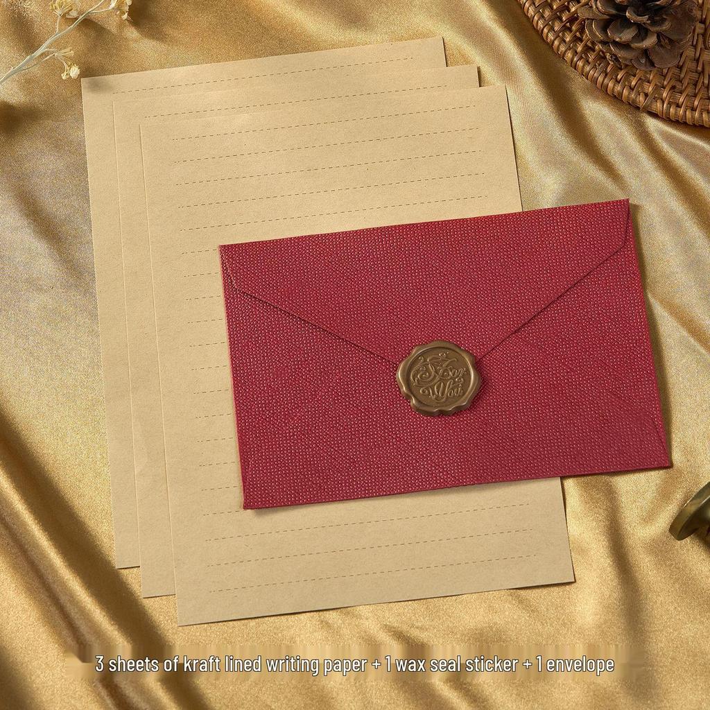 Chinese Style Retro Hemp Envelope & Stationery Set with Kraft Paper and Sealing Wax