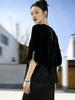 Velvet Lace Patchwork Women's Elegant Long-Sleeve Shirt with Chinese Style Drape and Round Neck