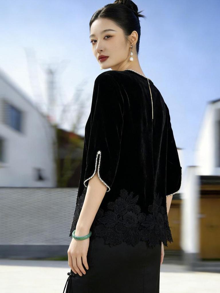 Velvet Lace Patchwork Women's Elegant Long-Sleeve Shirt with Chinese Style Drape and Round Neck