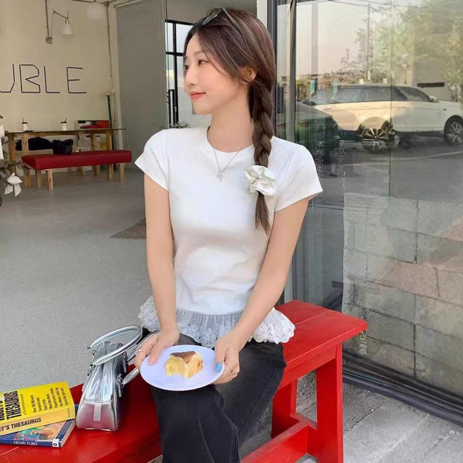Summer new lace lace ballet-style short-sleeve T-shirt, Korean version new inner layer, designer top for women, wholesale