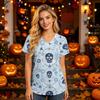 Damen V-Ausschnitt Kurzarm Kasack mit Taschen Halloween-Print Pflegekraft Uniform