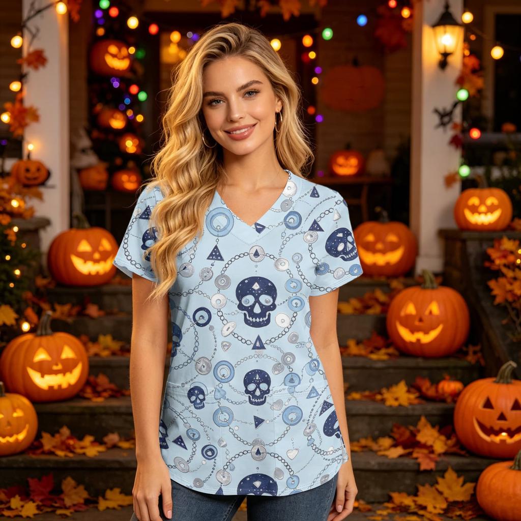Damen V-Ausschnitt Kurzarm Kasack mit Taschen Halloween-Print Pflegekraft Uniform