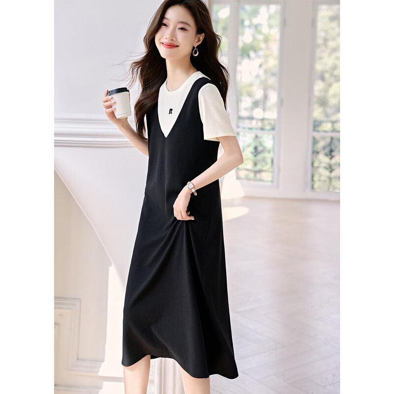 Women's Casual Faux Two-Piece Color Block A-Line Dress