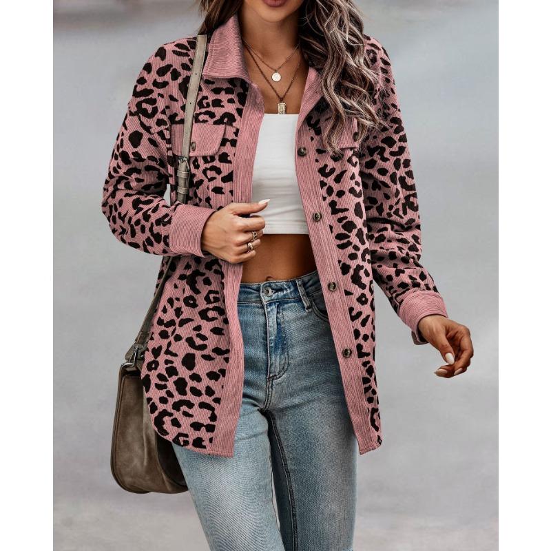 Women S Corduroy Leopard Print Button Long Sleeve Jacket