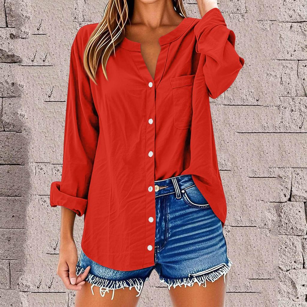 Women's Fashion Casual Solid Color T-Shirt Cotton Linen Long Sleeve Cardigan Loose Top
