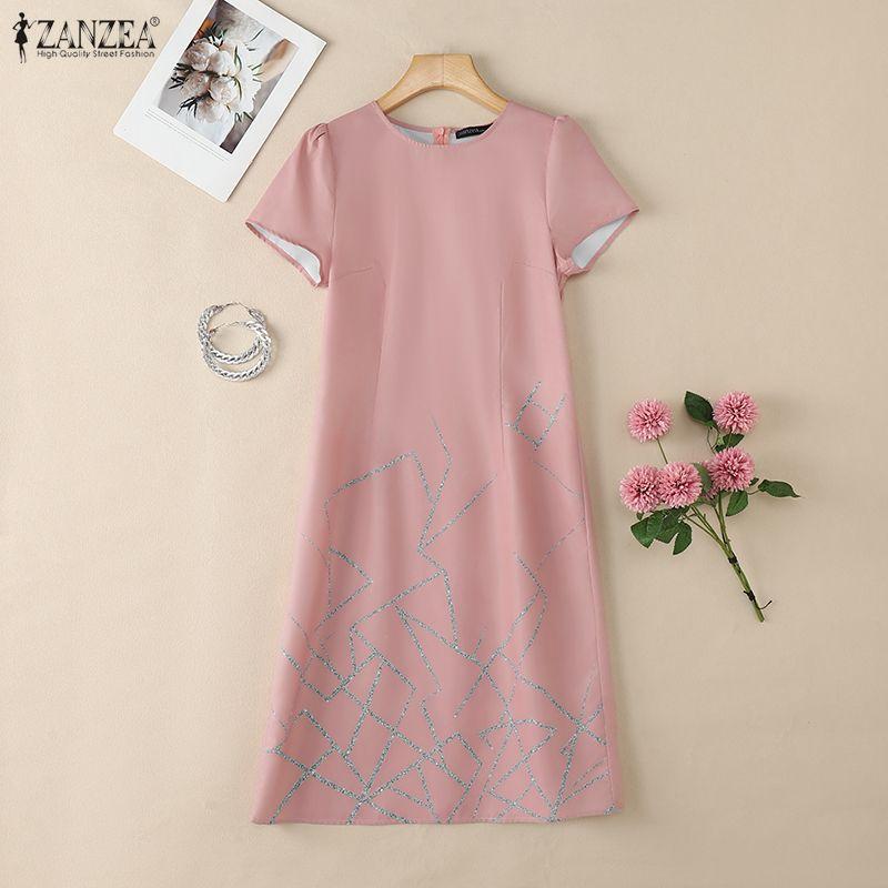 ZANZEA Women Casual Round Neck Summer Short Sleeve Print Dress