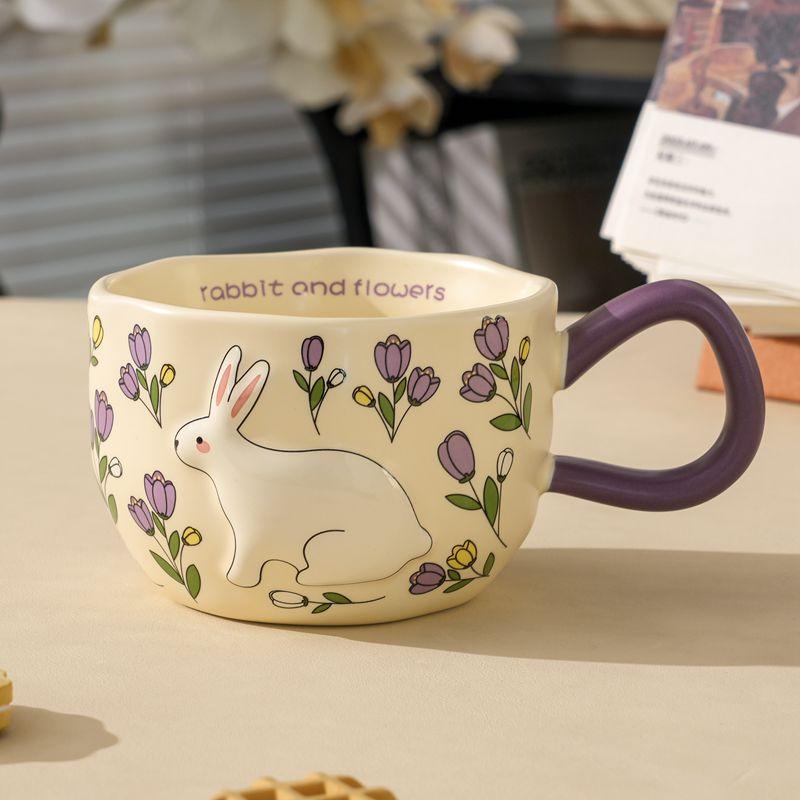 Ceramic Rabbit Pattern Coffee Cup Saucer Cute Afternoon Tea Cup Juice Breakfast Mug Handheld Milk Coffee Mug Home Accessories