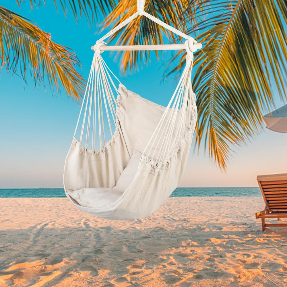 Distinctive Cotton Canvas Hanging Rope Chair With Pillows Beige Garden Furniture
