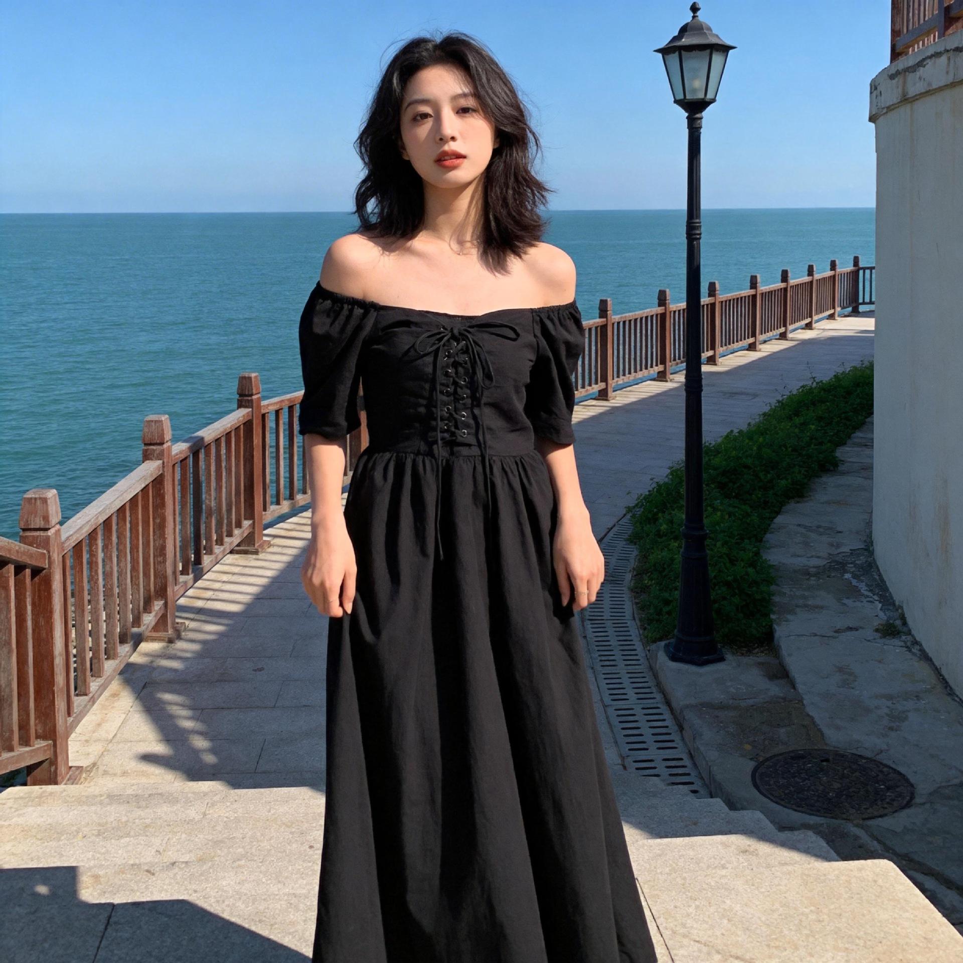 

Summer new dress two wear design sense niche long one-word shoulder short sleeve a-word skirt 2XL чорний