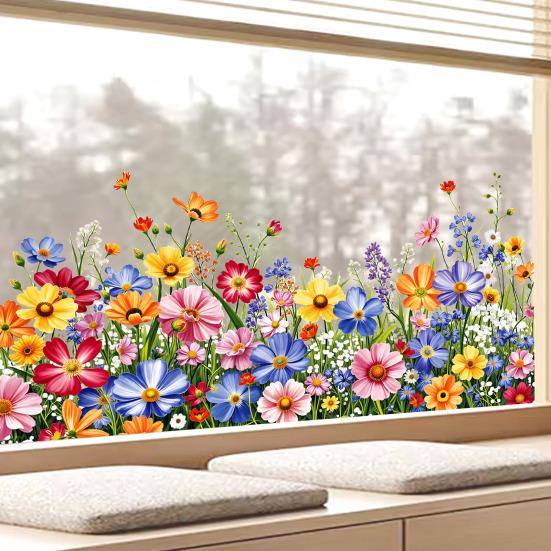 Spring Summer Flower Butterfly Window Cling Colorful Floral Window Sticker Removable Double-Sided Static Decals for Home Office Classroom Decor
