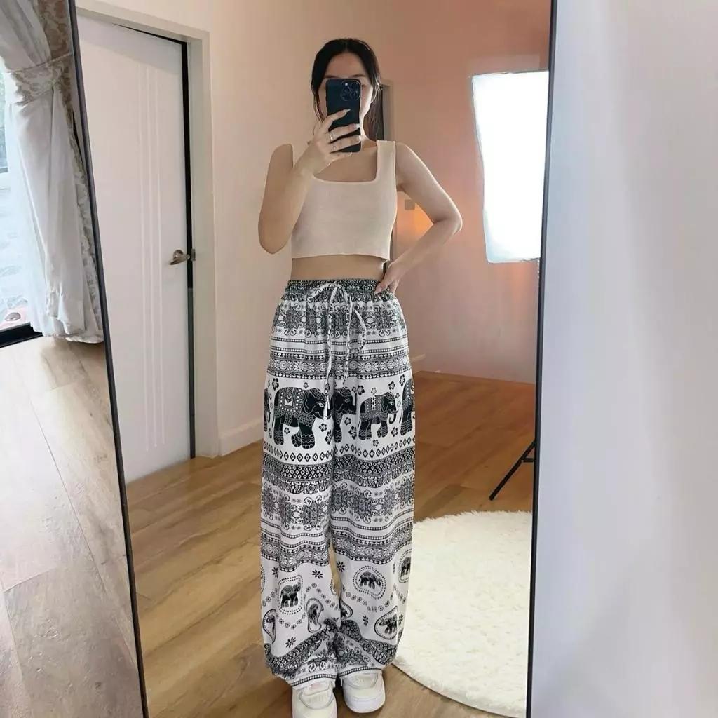 Elephant Pants Women Men Unisex Premium Japanese Silk Print Thailand Casual Streetwear Beach Bohemian Retro Vintage Adjustable Rope Loose Legs