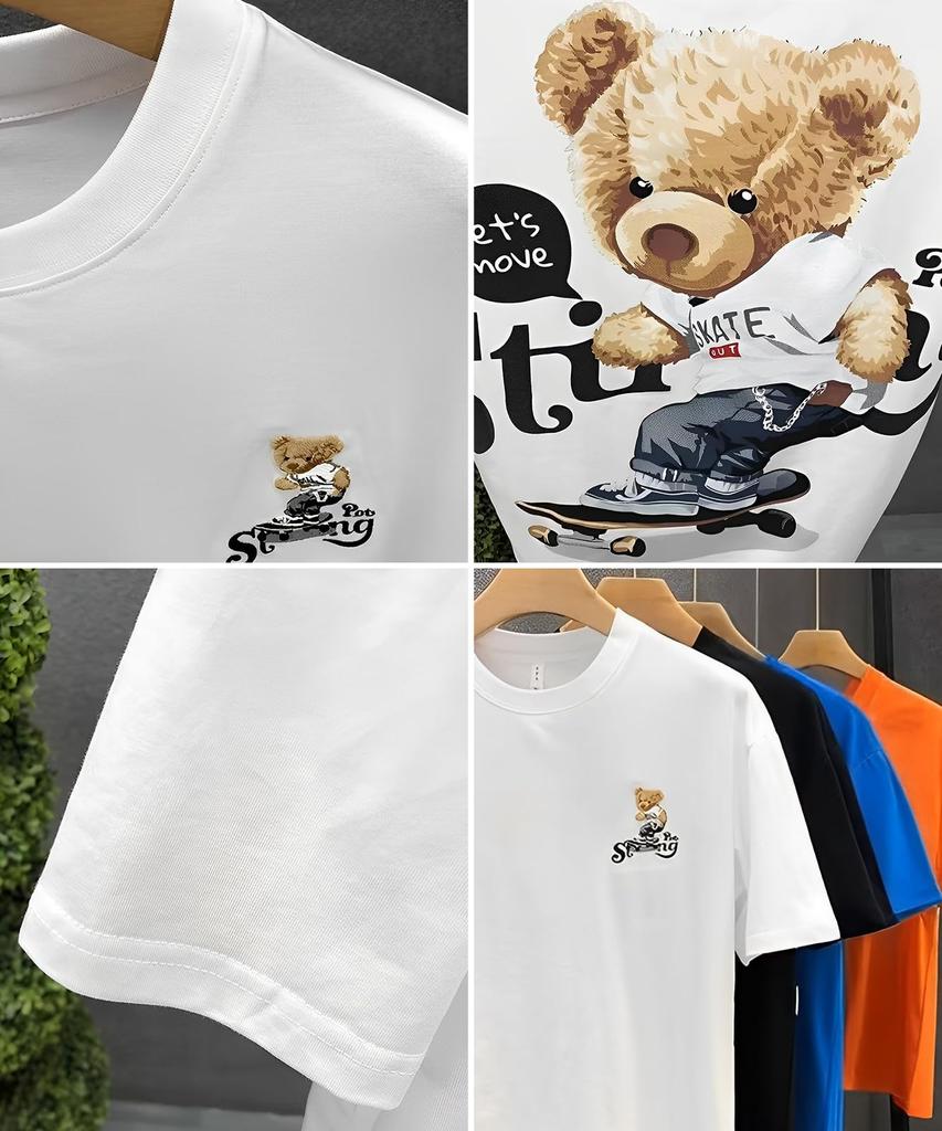 Luxe Relax Herren Tasche Print Bär Rückendruck T-Shirt, Lockerer Schnitt, Perfekt für Sport, Training und Outdoor, Blau, 5S-L09-BLM