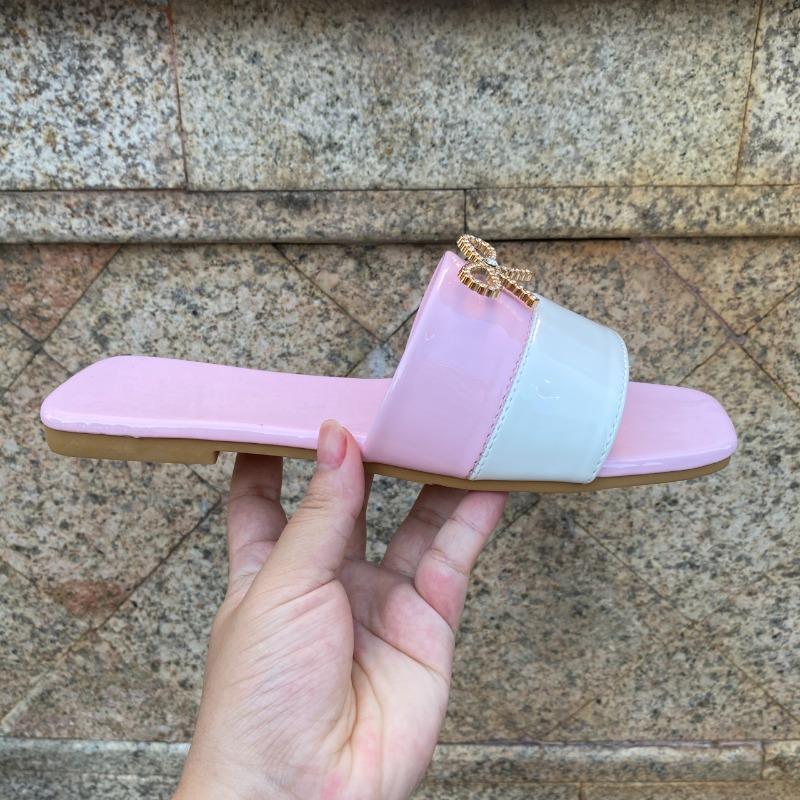 Fashion Rhinestone Bow Colorblock Square Head Open Toe Soft Bottom Non-Slip Wear-Resistant Low Heel Flip-Flops