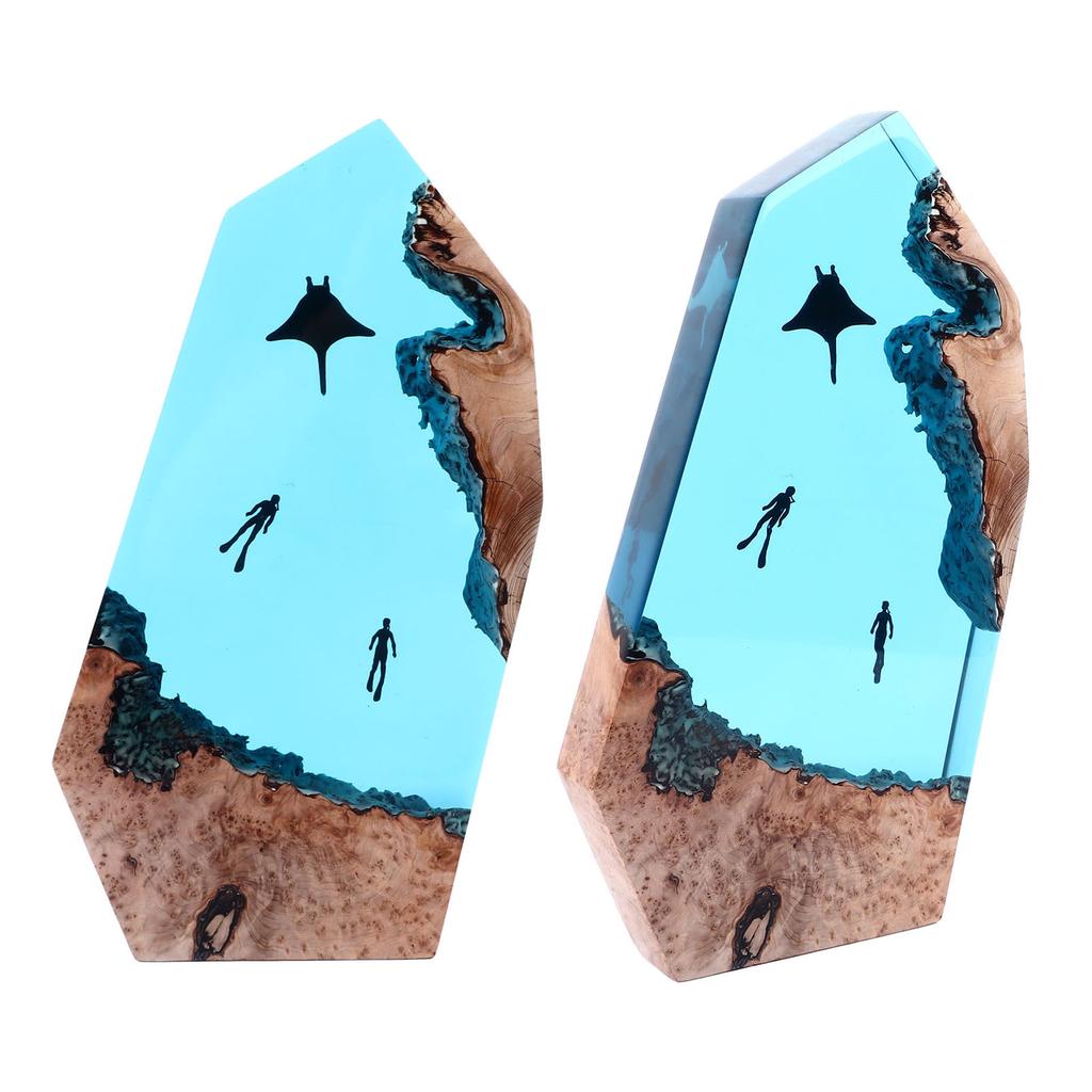 LED Ocean Night Light 13 Inch Epoxy Resin Wooden Deep Sea Cave Diving Desktop Ornament Lamp for