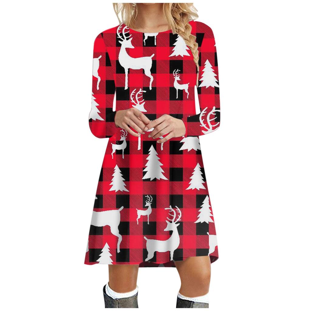 Women's  And Winter Round Neck Long Sleeve Christmas Print Dress