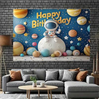 2D Space Astronaut Happy Birthday Backdrop Planet Ball Star Kids Party Photo Banner